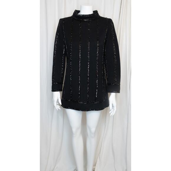 VINTAGE '60s Mod Black Wool Sequin + Beaded Black Long Sleeve Gogo Dress SMALL - Picture 2 of 9